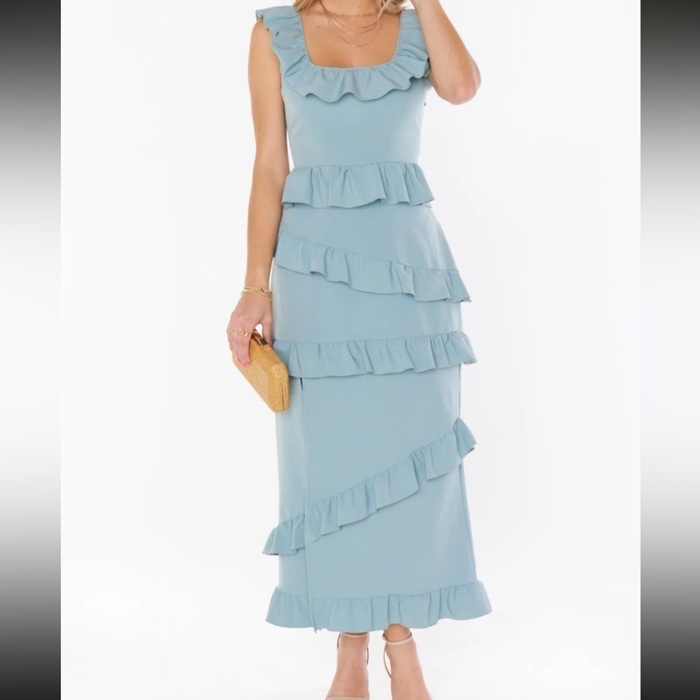 Show Me Your Mumu Greta Midi Dress Silver Sage Stretch Crepe Blue XS